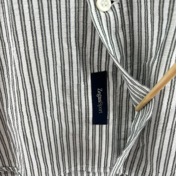 ZEGNA Shirt Mens L SPORT Striped Button Up Long Sleeve Woven Cotton Gray - Picture 10 of 15